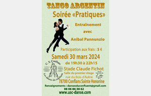 Samedi 30 mars 2024 : Pratiques Tango Argentin à Conflans-Sainte-Honorine